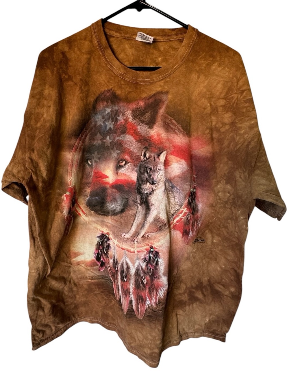 Vintage The Mountain Brown Patriotic Indian Wolf Graphic Tee Men’s XL MINTY